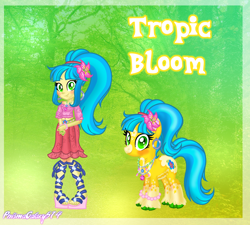 Size: 2008x1808 | Tagged: safe, artist:prismagalaxy514, artist:selenaede, derpibooru import, oc, oc only, oc:tropic bloom, earth pony, pony, equestria girls, clothes, ear piercing, earring, flower, flower in hair, jewelry, nature, necklace, piercing, ponytail, redesign, sandals