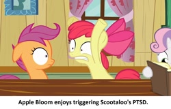 Size: 1280x817 | Tagged: safe, derpibooru exclusive, derpibooru import, edit, edited screencap, screencap, apple bloom, scootaloo, sweetie belle, earth pony, pegasus, pony, unicorn, hearts and hooves day (episode), book, clubhouse, crusaders clubhouse, cutie mark crusaders, dark comedy, female, filly, flailing, foal, meme, ponestrip, ptsd, reading, shrunken pupils, triggered, trio, trio female