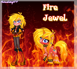 Size: 2120x1896 | Tagged: safe, artist:prismagalaxy514, artist:selenaede, derpibooru import, oc, oc only, anthro, pony, unicorn, boots, bracelet, choker, clothes, fingerless gloves, fire, gloves, high heel boots, jacket, jewelry, leather, leather jacket, piercing, shoes, shorts, smiling, smirk, spiked choker