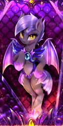 Size: 1329x2658 | Tagged: safe, artist:darksly, derpibooru import, oc, oc only, oc:midnight blossom, bat pony, pony, armor, bat pony oc, bedroom eyes, body pillow, body pillow design, eyeshadow, female, hoof shoes, looking at you, makeup, mare, solo