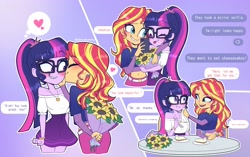 Size: 4096x2579 | Tagged: safe, artist:tomi_ouo, derpibooru import, sci-twi, sunset shimmer, twilight sparkle, equestria girls, bare shoulders, belly button, bisexual female, breasts, cute, female, kiss on the cheek, kissing, lesbian, midriff, reasonably sized breasts, scitwishimmer, shimmerbetes, shipping, sunsetsparkle, twiabetes