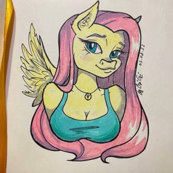 Size: 1280x1280 | Tagged: safe, artist:gigisarts, derpibooru import, fluttershy, anthro, pony, breasts, bust, everyday boobs, female, hootershy, portrait, solo, traditional art, waifu, white hair