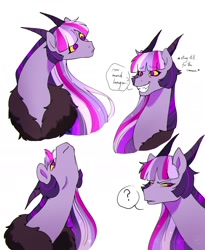 Size: 1635x1997 | Tagged: safe, artist:riukime, derpibooru import, oc, oc only, oc:jinx, draconequus, hybrid, bust, doodle, grin, interspecies offspring, looking up, mood swing, offspring, older, parent:discord, parent:twilight sparkle, parents:discolight, question mark, simple background, smiling, white background