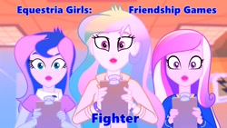 Size: 1920x1080 | Tagged: safe, derpibooru import, dean cadance, princess cadance, princess celestia, princess luna, principal celestia, vice principal luna, human, acadeca, equestria girls, friendship games, christina aguilera, female, fighter, trio, trio female