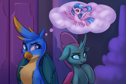 Size: 2542x1692 | Tagged: safe, artist:kittytitikitty, derpibooru import, gallus, ocellus, silverstream, changeling, classical hippogriff, griffon, hippogriff, dream, female, high res, implied gallstream, implied shipping, implied straight, male