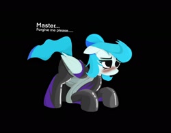 Size: 1682x1304 | Tagged: safe, artist:xdamny, derpibooru import, oc, oc only, oc:piva storm, pegasus, pony, black background, blushing, bodysuit, bowing, clothes, eyebrows, eyebrows visible through hair, eyeshadow, female, folded wings, kneeling, latex, makeup, mare, master, pegasus oc, signature, simple background, solo, sorry, wings