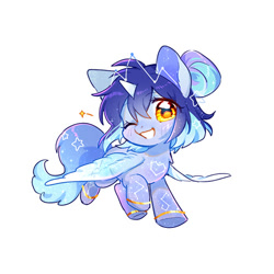 Size: 500x500 | Tagged: safe, artist:dreamsugar, derpibooru import, oc, oc only, oc:asteria, alicorn, pony, commission, constellation freckles, eye clipping through hair, female, flying, freckles, full body, grin, horn, looking at you, one eye closed, open mouth, open smile, simple background, smiling, smiling at you, solo, spread wings, white background, wings, wink, winking at you