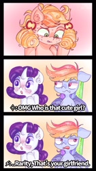Size: 2160x3840 | Tagged: safe, artist:reyam, derpibooru import, applejack, rainbow dash, rarity, earth pony, pegasus, pony, unicorn, :o, alternate hairstyle, blushing, bust, comic, female, freckles, hatless, horn, lesbian, mare, missing accessory, open mouth, pigtails, portrait, rarijack, shipping, trio, trio female, wings