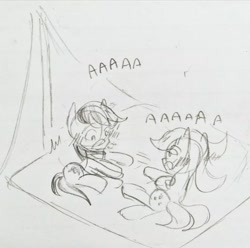 Size: 540x536 | Tagged: safe, artist:appledashdailydoodles, artist:snowzaaah, derpibooru import, applejack, rainbow dash, earth pony, pegasus, pony, appledash, doodle, female, harmony exam au, lesbian, monochrome, pencil drawing, shipping, sketch, traditional art