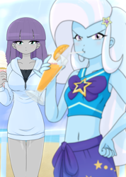 Size: 2500x3502 | Tagged: safe, artist:batipin, derpibooru import, maud pie, trixie, equestria girls, belly button, clothes, drink, duo, duo female, female, high res, looking at you, sarong, straw, swimsuit