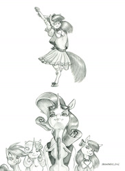 Size: 1100x1510 | Tagged: safe, artist:baron engel, derpibooru import, apple bloom, rarity, scootaloo, sweetie belle, oc, oc:stone mane, earth pony, pegasus, pony, unicorn, colt, cutie mark crusaders, ears, female, filly, floppy ears, foal, male, mare, pencil drawing, simple background, story included, traditional art, white background