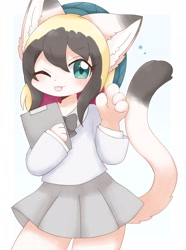 Size: 1526x2048 | Tagged: safe, artist:kuzuyukuro, derpibooru import, oc, oc only, anthro, cat, human, abstract background, beanie, blushing, bowtie, catified, clipboard, clothes, eye clipping through hair, female, hat, humanized, humanized oc, looking at you, one eye closed, simple background, skirt, solo, species swap, stars, tail, tongue, tongue out, white background, wink, winking at you
