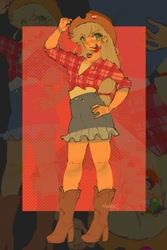 Size: 855x1280 | Tagged: safe, artist:okeeiias, derpibooru import, applejack, human, abstract background, applejack's hat, boots, clothes, cowboy hat, female, front knot midriff, hand on hip, hat, humanized, kotobukiya, kotobukiya applejack, lesbian pride flag, midriff, open mouth, pride, pride flag, shirt, shoes, solo