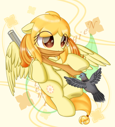 Size: 1856x2048 | Tagged: safe, artist:neige de printdemps, derpibooru import, oc, oc:kerria florespangle, bird, pegasus, pony, clothes, female, flying, scarf, simple background