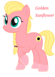 Size: 620x866 | Tagged: safe, artist:sproutscoutotp, derpibooru import, oc, oc only, oc:golden sunflower, earth pony, pony, coat markings, female, mare, offspring, parent:sprout cloverleaf, parent:sunny starscout, parents:sunnysprout, simple background, socks (coat marking), text, white background