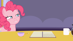 Size: 1920x1080 | Tagged: safe, artist:agrol, derpibooru import, pinkie pie, earth pony, pony, coffee, coffee mug, coffee pot, cup, female, grin, lidded eyes, mare, mug, notebook, pencil, smiling, smug, solo, table, tales of adventurers, teacup