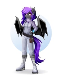 Size: 960x1200 | Tagged: safe, artist:buvanybu, derpibooru import, oc, oc only, oc:amethyst gear, anthro, bat pony, plantigrade anthro, anthro oc, bat pony oc, belt, boots, clothes, ear piercing, earring, female, jacket, jewelry, looking at you, mare, open clothes, open jacket, piercing, pouch, shoes, solo, white outline