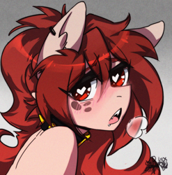 Size: 2480x2507 | Tagged: safe, artist:charlot, derpibooru import, oc, oc only, oc:penta, earth pony, pony, ahegao, anime, commission, ear piercing, freckles, heart, heart eyes, jewelry, necklace, open mouth, piercing, retrowave, solo, stylized, tongue, tongue out, wingding eyes, ych result, your character here