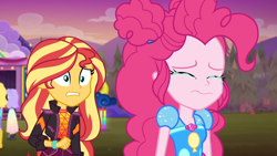 Size: 1920x1080 | Tagged: safe, derpibooru import, screencap, pinkie pie, sunset shimmer, better together, equestria girls, sunset's backstage pass!, clothes, crying, sad, wavy mouth