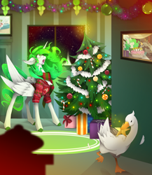 Size: 2605x3000 | Tagged: safe, artist:taiga-blackfield, derpibooru import, oc, oc only, oc:eos, oc:malice, alicorn, bird, goose, pony, alicorn oc, candy, candy cane, christmas, christmas ornament, christmas tree, clothes, decoration, ears back, food, holiday, horn, mouth hold, ornament, present, stealing, sweater, tree, untitled goose game, window, wings