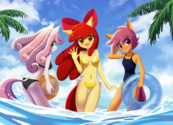 Size: 1392x1000 | Tagged: safe, artist:howxu, derpibooru import, apple bloom, scootaloo, sweetie belle, anthro, earth pony, pegasus, unicorn, adult, ass, beach, beach ball, belly button, bikini, black swimsuit, blue swimsuit, breasts, butt, clothes, cutie mark crusaders, delicious flat chest, female, inner tube, legs in the water, looking at you, looking back, looking back at you, looking over shoulder, mare, misleading thumbnail, older, older apple bloom, older cmc, older scootaloo, older sweetie belle, one-piece swimsuit, open mouth, open smile, palm tree, reasonably sized breasts, scootaflat, small breasts, smiling, smiling at you, swimsuit, tree, trio, trio female, water, waving, wingless, yellow swimsuit