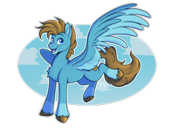 Size: 2732x2048 | Tagged: safe, artist:sursiq, derpibooru import, oc, oc only, oc:carbon, pegasus, pony, blue eyes, brown mane, coat markings, colored wings, cute, happy, hooves, male, multicolored wings, open mouth, outline, pegasus oc, raised hoof, raised leg, simple background, sky, socks (coat marking), solo, spread wings, transparent background, unshorn fetlocks, white outline, wings
