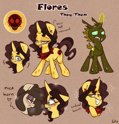 Size: 1508x1572 | Tagged: safe, artist:lou, derpibooru import, oc, oc:flores, oc:louvely, changeling, changeling oc, disguise, disguised changeling, reference sheet, yellow changeling
