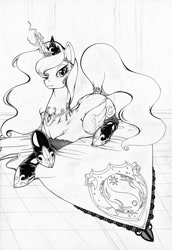 Size: 848x1232 | Tagged: safe, artist:longinius, derpibooru import, princess luna, alicorn, pony, clothed ponies, clothes, coat of arms, crest, female, grayscale, horn, horn jewelry, jewelry, lineart, lying down, mare, monochrome, prone, socks, solo, tail, tail wrap, traditional art