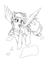 Size: 866x1150 | Tagged: safe, artist:longinius, derpibooru import, oc, oc only, bird, pegasus, pony, bandana, female, flying, freckles, grayscale, lineart, mare, monochrome, solo, traditional art