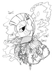Size: 621x877 | Tagged: safe, artist:longinius, derpibooru import, zecora, dragonfly, insect, zebra, bust, ear piercing, earring, feather, female, grayscale, jewelry, lineart, monochrome, piercing, pipe, portrait, potion, smoking, solo, traditional art