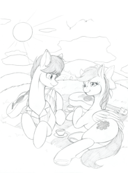 Size: 3436x4671 | Tagged: safe, artist:longinius, derpibooru import, oc, oc only, oc:star spicer, oc:strumbeat strings, pegasus, pony, bow, butt, clothes, duo, female, food, grayscale, guitar, hair bow, high res, looking at each other, looking at someone, lying down, male, mare, monochrome, musical instrument, oc x oc, on side, picnic blanket, plot, prone, shipping, shirt, smiling, stallion, tea, traditional art