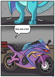 Size: 1280x1811 | Tagged: safe, artist:rex-equinox, derpibooru import, part of a set, princess ember, dragon, comic:wheels over wings, commission, landing, motorcycle, speech bubble