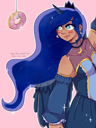 Size: 2100x2800 | Tagged: safe, artist:ashes-arts, artist:mylittleyuri, derpibooru import, princess luna, human, alicorn humanization, armpits, choker, clothes, crown, cute, donut, dress, ear piercing, earring, female, fishing hook, fishing rod, food, hook, horn, horned humanization, humanized, jewelry, licking, licking lips, lunabetes, piercing, pink background, regalia, simple background, solo, tongue, tongue out, winged humanization, wings