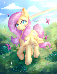 Size: 2450x3150 | Tagged: safe, artist:ashes-arts, artist:mylittleyuri, artist:twi-shys, derpibooru import, fluttershy, butterfly, pegasus, pony, blushing, chest fluff, cloud, cute, ear fluff, ears, female, head tilt, leg fluff, looking at you, mare, rainbow, shyabetes, solo