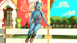 Size: 3840x2160 | Tagged: safe, artist:coolc, derpibooru import, trixie, anthro, 3d, belly button, breasts, female, fence, midriff, solo, source filmmaker