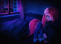 Size: 2337x1702 | Tagged: safe, artist:menalia, derpibooru import, pinkie pie, cyborg, earth pony, pony, alternate hairstyle, alternate universe, bed, blanket, city, clothes, curtains, cyberpunk, cyborg pony, depressed, female, mare, night, pants, pillow, pinkamena diane pie, room, sad, shirt, slippers, socks, solo