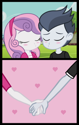 Size: 1096x1729 | Tagged: safe, artist:lunaticdawn, derpibooru import, rumble, sweetie belle, human, equestria girls, blushing, equestria girls-ified, eyes closed, female, holding hands, imminent kissing, male, rumbelle, shipping, straight