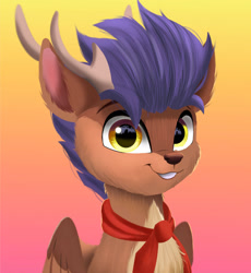 Size: 1280x1392 | Tagged: safe, artist:joaothejohn, derpibooru import, oc, oc:arny, deer, deer pony, original species, peryton, chest fluff, clothes, cute, deer oc, fur, horn, looking at you, non-pony oc, scarf, simple background, smiling, wings