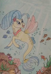 Size: 838x1214 | Tagged: safe, artist:iistarshineii, derpibooru import, princess skystar, fish, seapony (g4), my little pony: the movie, blue mane, bubble, crepuscular rays, cute, dorsal fin, female, fin wings, fins, fish tail, flower, flower in hair, flowing tail, freckles, jewelry, looking up, necklace, open mouth, open smile, pearl necklace, seaweed, smiling, solo, sunlight, swimming, tail, traditional art, underwater, water, wings