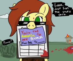 Size: 1200x1000 | Tagged: safe, artist:allhallowsboon, artist:legendoflink, derpibooru import, oc, oc only, oc:postal mare, earth pony, pony, /mlp/, blood, blood on face, blood trail, clipboard, clothes, dialogue, drawthread, earth pony oc, female, fire, implied death, looking at you, mare, mouth hold, petition, pleading, png, ponified, raised eyebrow, solo, solo female, speaking to viewer, species swap, sunglasses, talking, talking to viewer, text, trenchcoat, valentine's day card