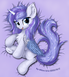 Size: 3706x4124 | Tagged: safe, artist:willow krick, derpibooru exclusive, derpibooru import, oc, oc only, alicorn, pony, alicorn oc, chest fluff, ear fluff, ears, horn, looking at you, lying down, on side, open mouth, open smile, smiling, smiling at you, wings