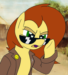 Size: 1810x1988 | Tagged: safe, artist:legendoflink, derpibooru import, oc, oc only, oc:postal mare, earth pony, pony, clothes, coat, earth pony oc, female, frown, heart, heart eyes, mare, meme, open mouth, pins, postal, postal 2, raised hoof, raised leg, redraw, solo, squint, sunglasses, trenchcoat, wingding eyes