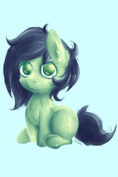 Size: 4000x6000 | Tagged: safe, artist:coco-drillo, derpibooru import, oc, oc:anon, oc:anon filly, earth pony, pony, absurd resolution, blushing, chest fluff, ear fluff, ears, earth pony oc, female, filly, foal, light blue background, looking at you, messy mane, signature, simple background, sitting, solo