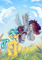 Size: 3226x4574 | Tagged: safe, artist:vanilla-chan, derpibooru import, oc, oc only, oc:evening prose, oc:sunrise sentry, pegasus, pony, unicorn, female, flying, freckles, jewelry, male, mare, necklace, nose to nose, pearl necklace, shipping, stallion, straight