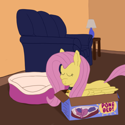 Size: 2160x2160 | Tagged: safe, artist:callichrome, derpibooru import, fluttershy, pegasus, pony, behaving like a cat, bell, bell collar, box, collar, cute, folded wings, if i fits i sits, pet bed, pony in a box, pony pet, smiling, sofa, solo, wings