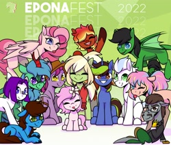 Size: 4096x3473 | Tagged: safe, artist:jellysiek, derpibooru import, oc, oc:joyful jewel, oc:kayla, oc:milli, bat pony, earth pony, kirin, pegasus, pony, unicorn, bat pony oc, earth pony oc, eponafest, group, horn, kirin oc, mascot, pegasus oc, unicorn oc