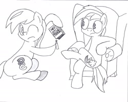 Size: 2107x1696 | Tagged: safe, artist:scootaloormayfly, derpibooru import, rainbow dash, oc, earth pony, pegasus, pony, fanfic:sweet apple massacre, black and white, book, dexterous hooves, female, fire, grayscale, hoof hold, lighter, male, mare, monochrome, one eye closed, pacman eyes, simple background, sitting, sofa, stallion, white background, wink