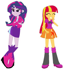 Size: 532x592 | Tagged: safe, artist:kittyp27, derpibooru import, sunset shimmer, twilight sparkle, equestria girls, boots, clothes, high heel boots, jacket, palette swap, recolor, shirt, shoes, simple background, skirt, solo, white background