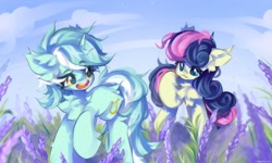 Size: 2048x1229 | Tagged: safe, artist:vanilla_pie_2, derpibooru import, bon bon, lyra heartstrings, sweetie drops, earth pony, pony, unicorn, chest fluff, duo, ear fluff, ears, field, flower