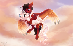 Size: 4686x2965 | Tagged: safe, artist:doekitty, derpibooru import, oc, oc only, oc:hazel, deer, deer pony, original species, pegasus, pony, female, flying, male, stallion